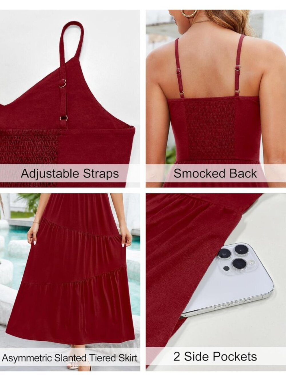 Women's Wine Red Beach Sundress V Neck Spaghetti Long Strap Pockets Maxi Dress - Picture 6 of 6